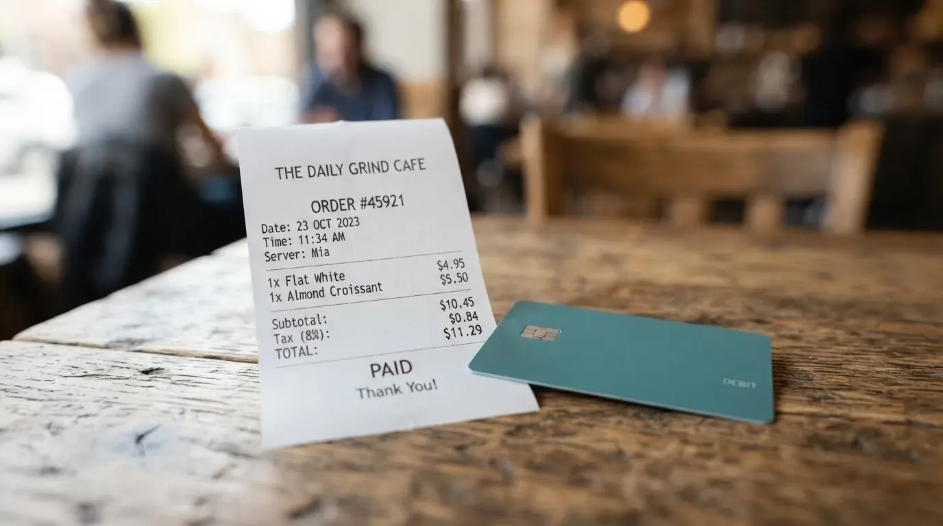A receipt and a card on a café table