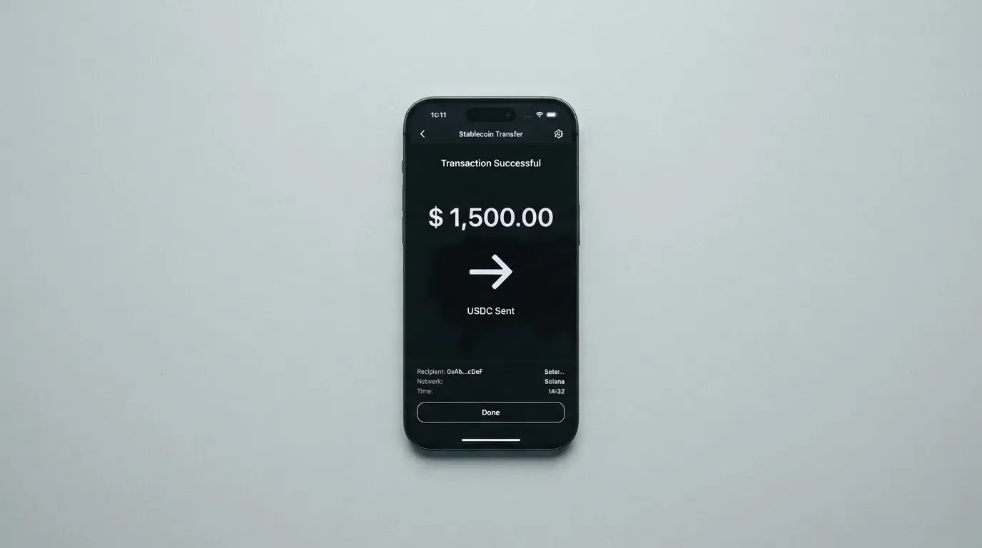 A phone showing a stablecoin transfer screen