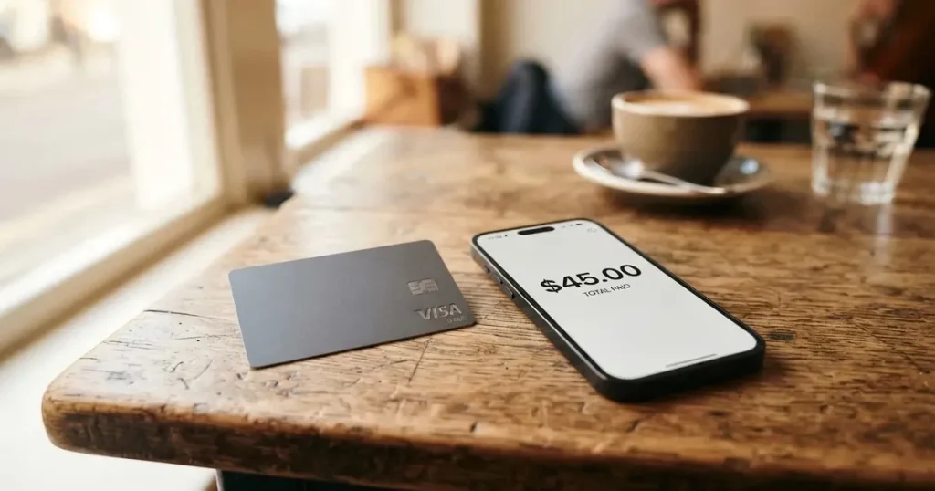 A payment card next to a phone with a crypto wallet app open