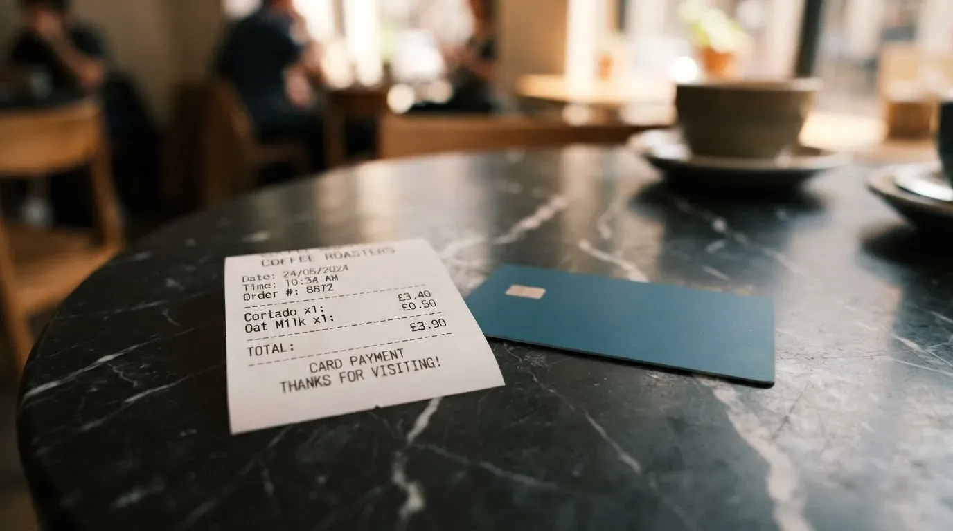A receipt and a card on a café table