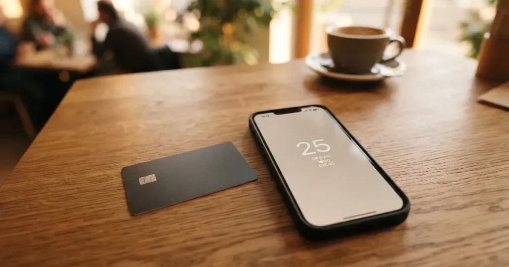 A payment card next to a phone with a crypto wallet app open