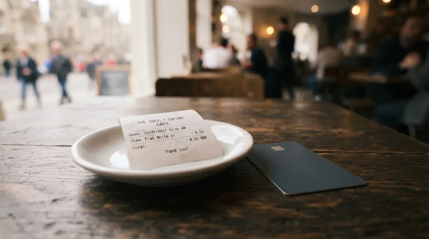 A receipt and a card on a café table