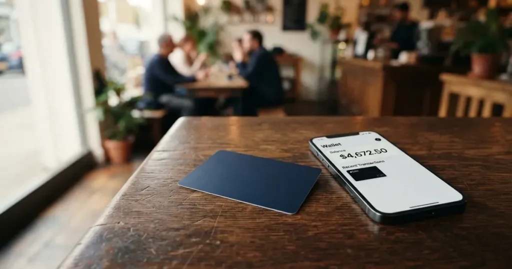 A payment card next to a phone with a crypto wallet app open
