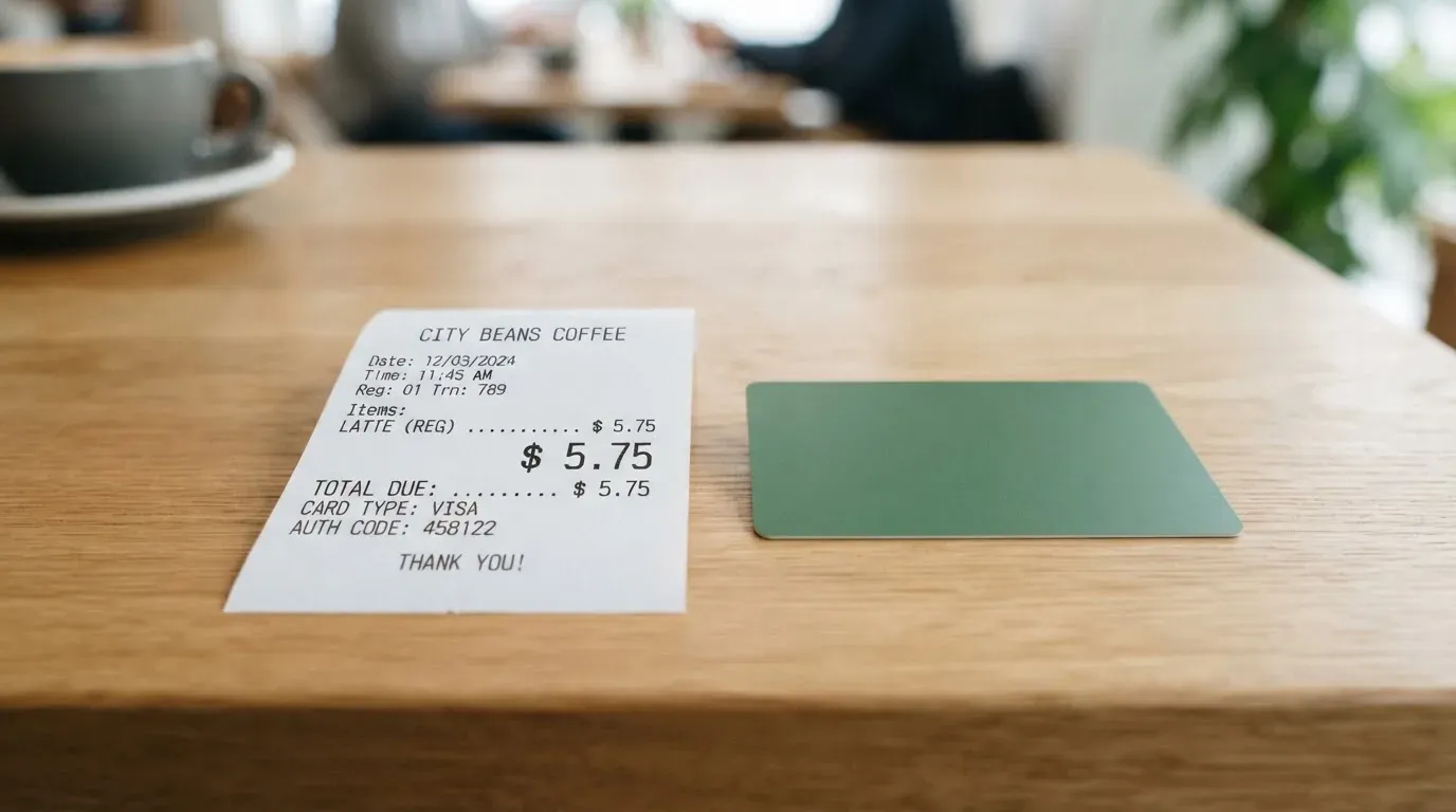 A receipt and a card on a café table