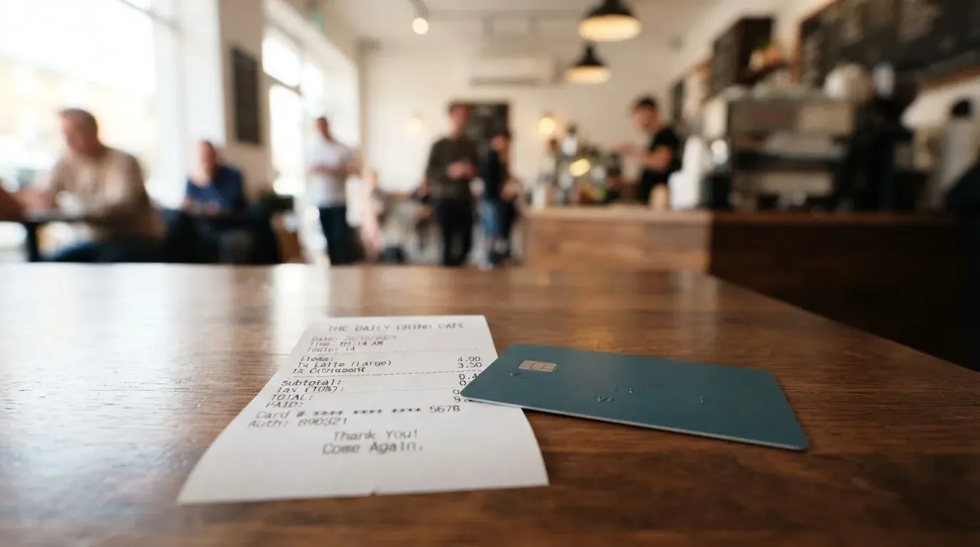 A receipt and a card on a café table