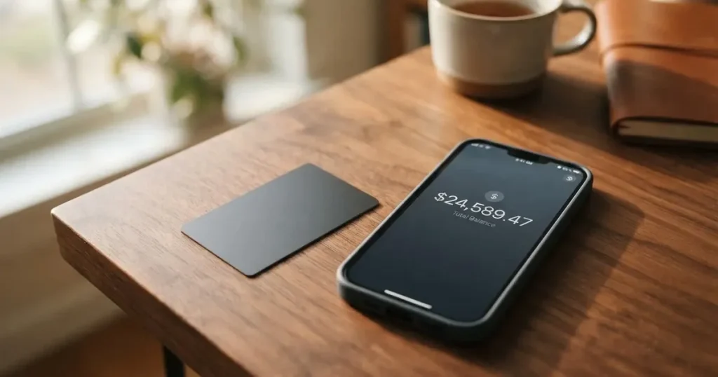 A payment card next to a phone with a crypto wallet app open