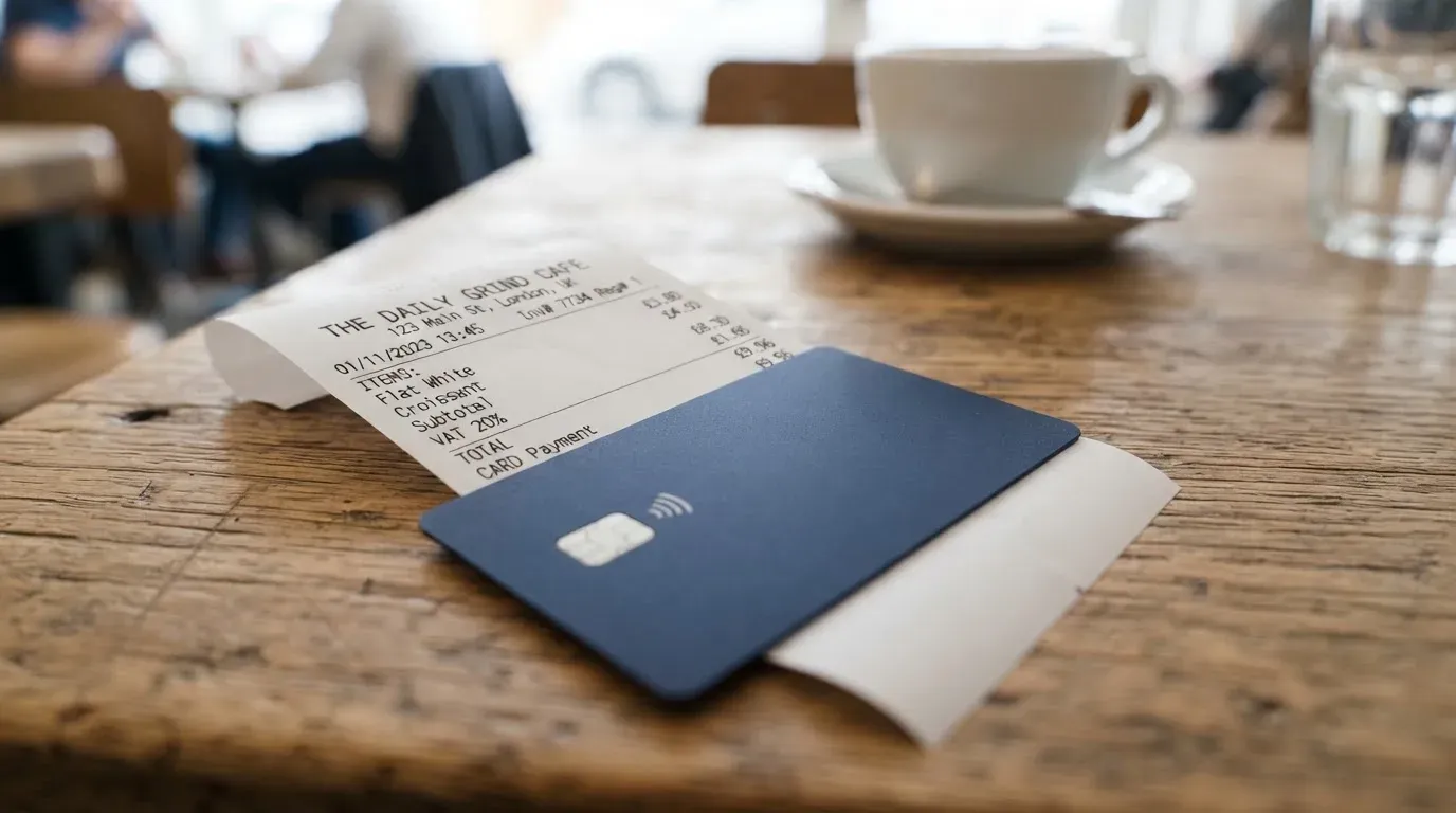 A receipt and a card on a café table