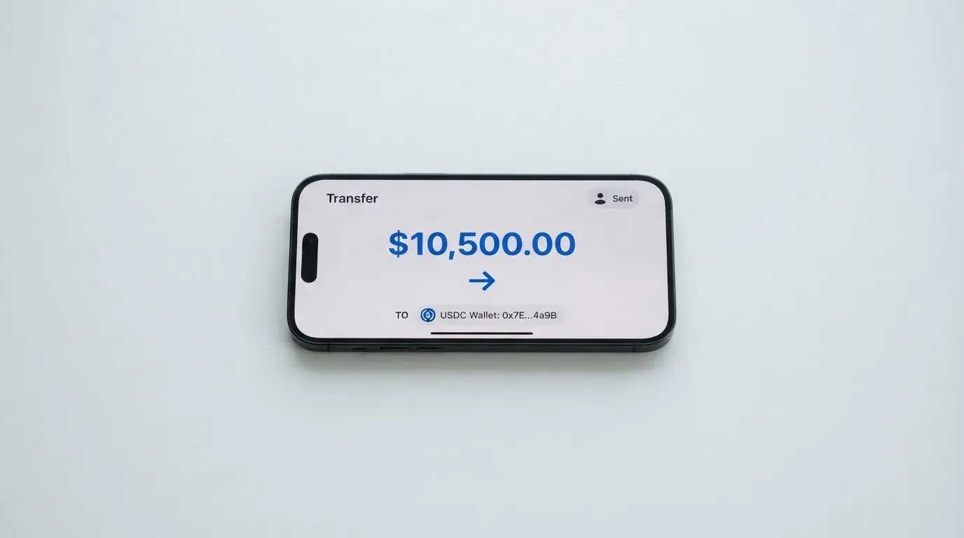 A phone showing a stablecoin transfer screen