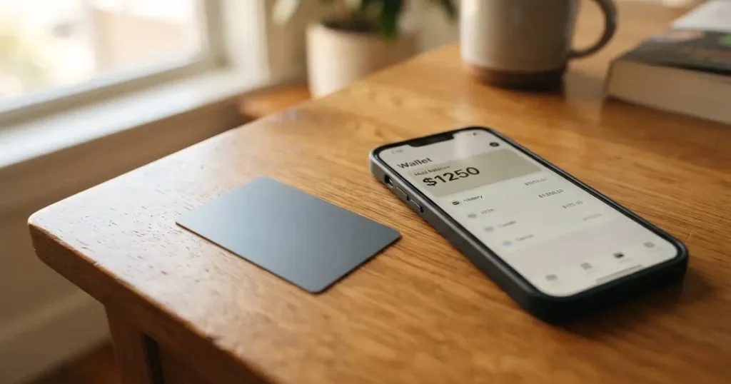 A payment card next to a phone with a crypto wallet app open