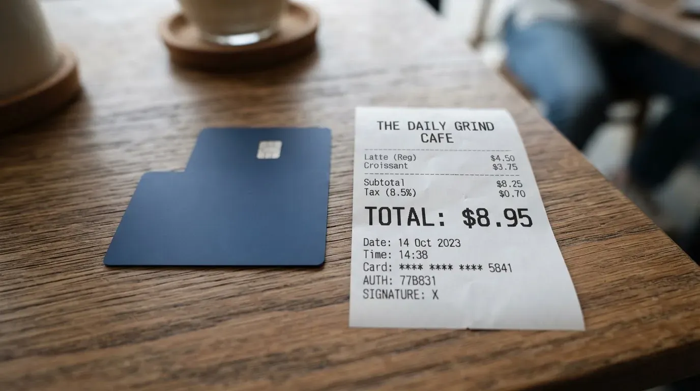 A receipt and a card on a café table