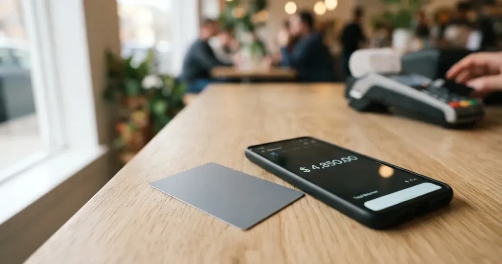 A payment card next to a phone with a crypto wallet app open