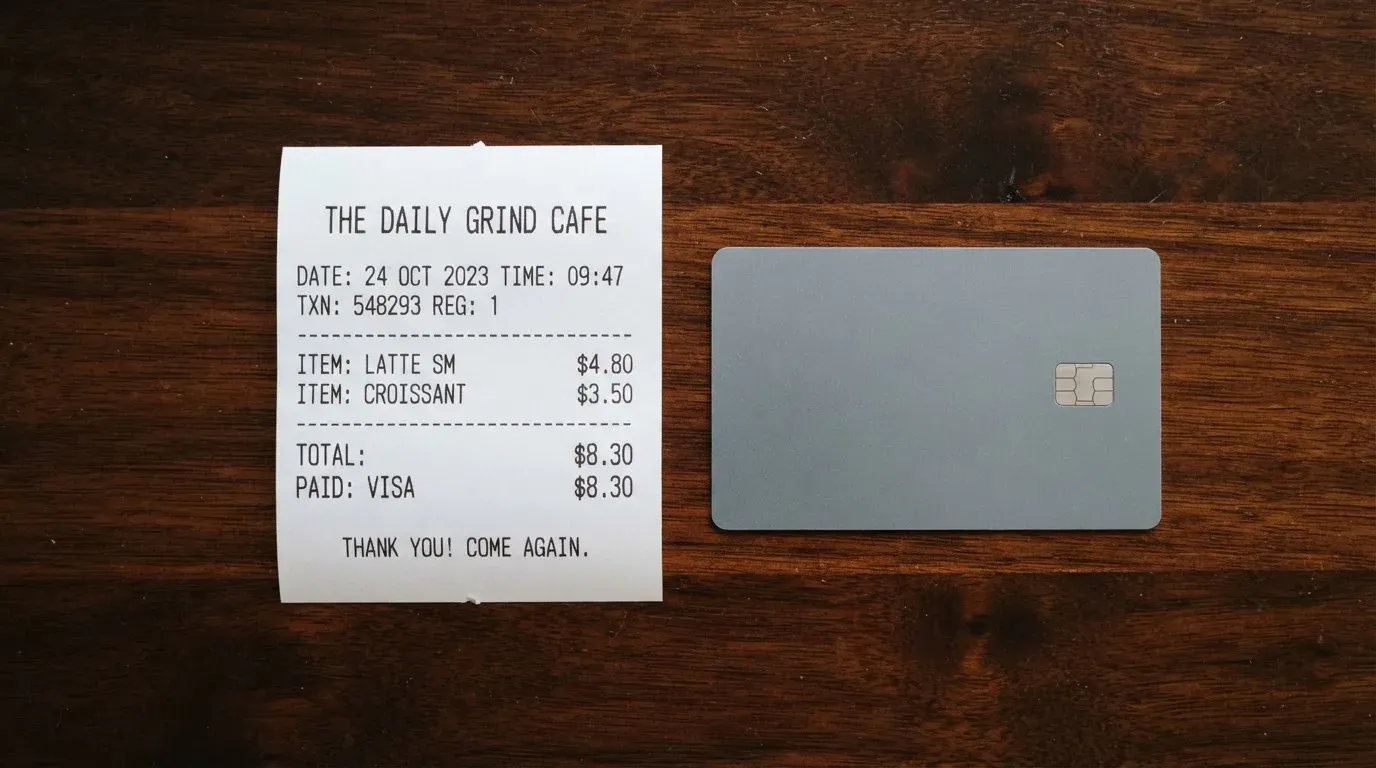 A receipt and a card on a café table