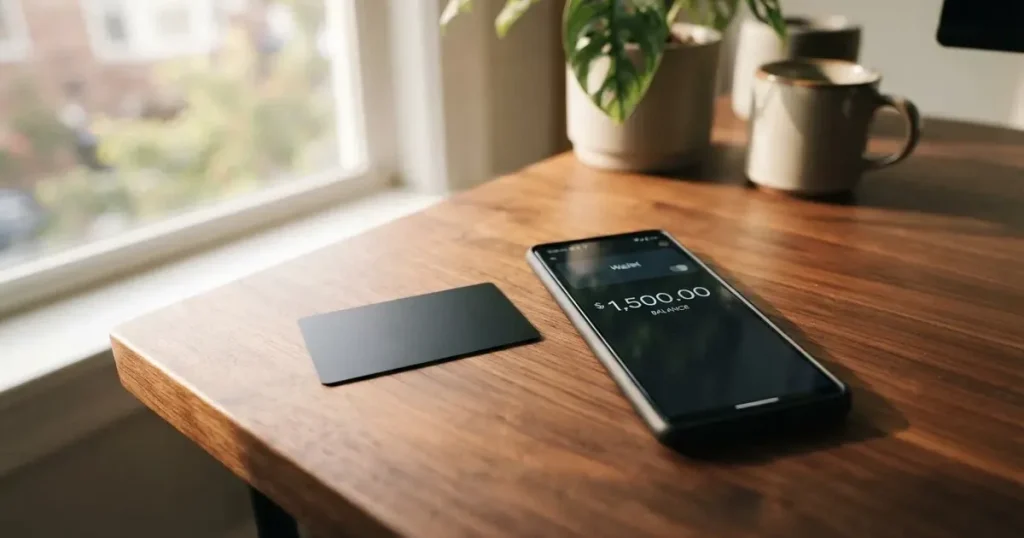 A payment card next to a phone with a crypto wallet app open
