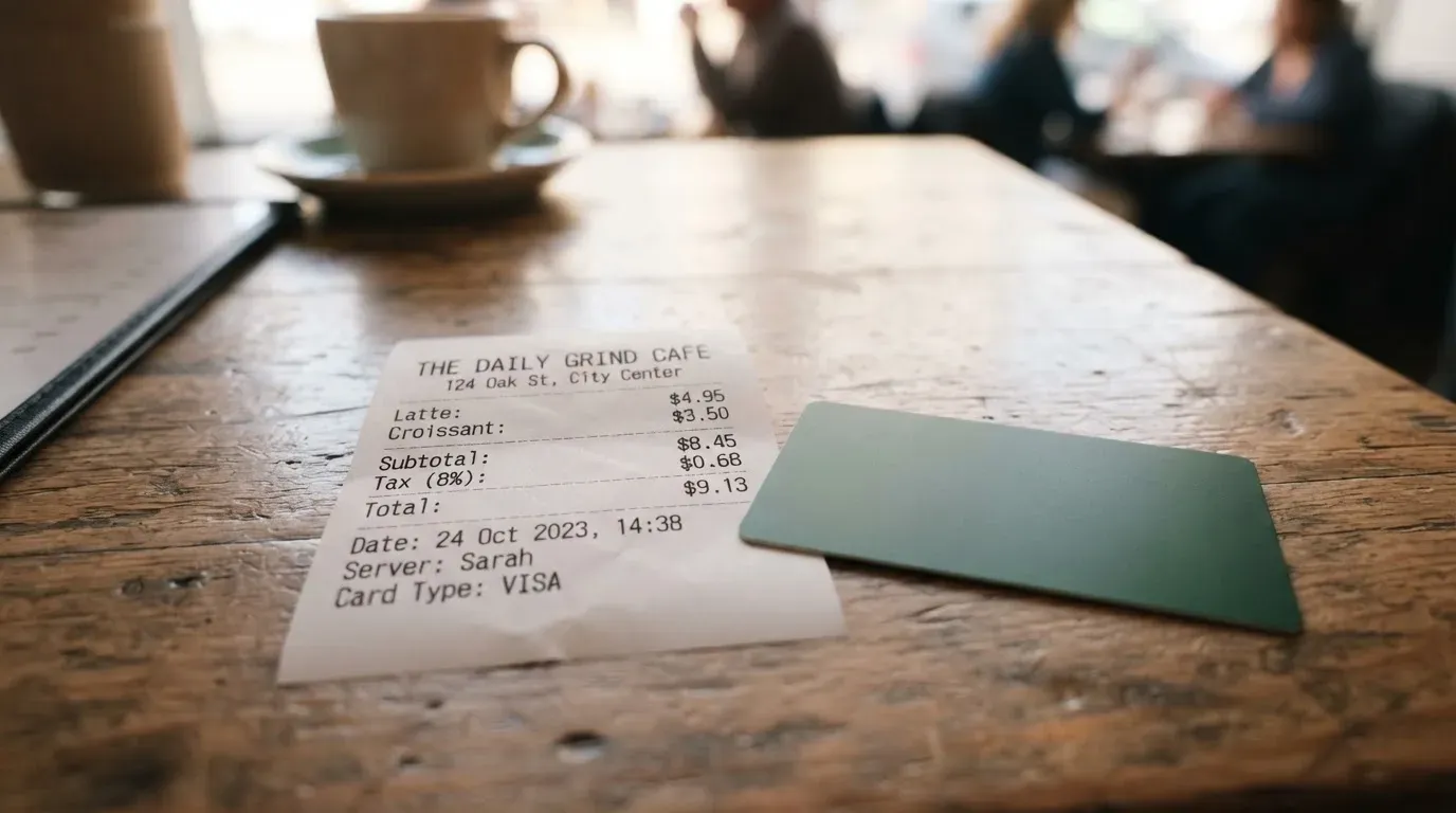A receipt and a card on a café table