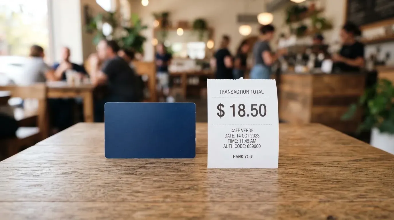 A receipt and a card on a café table