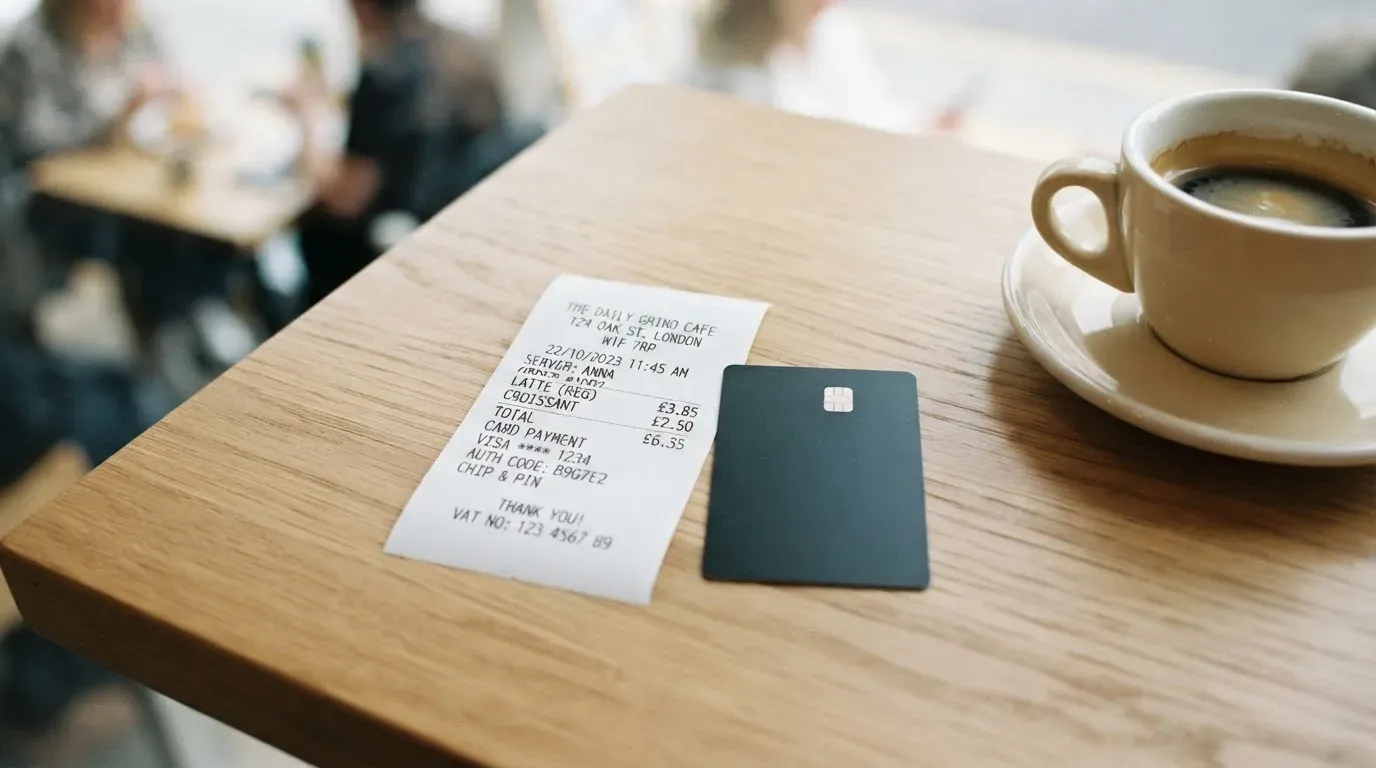 A receipt and a card on a café table