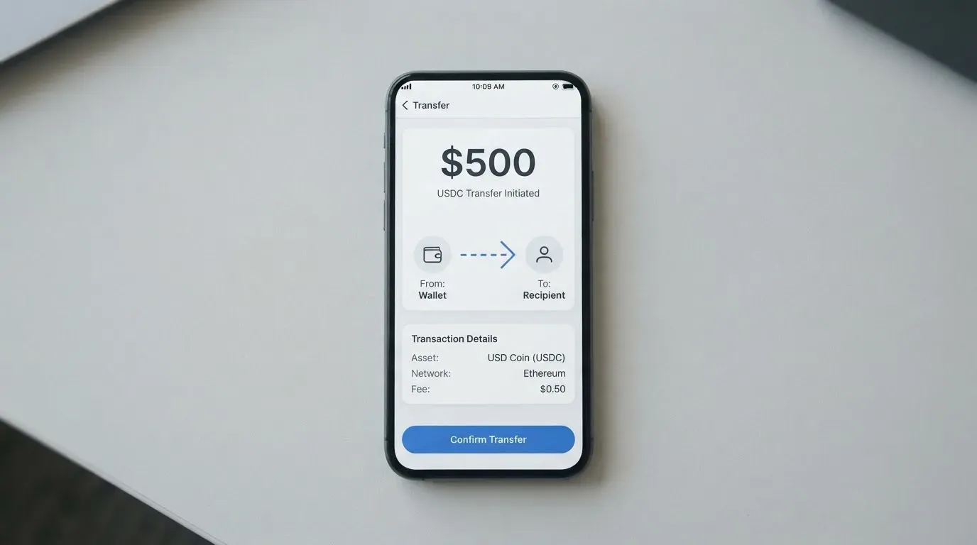 A phone showing a stablecoin transfer screen