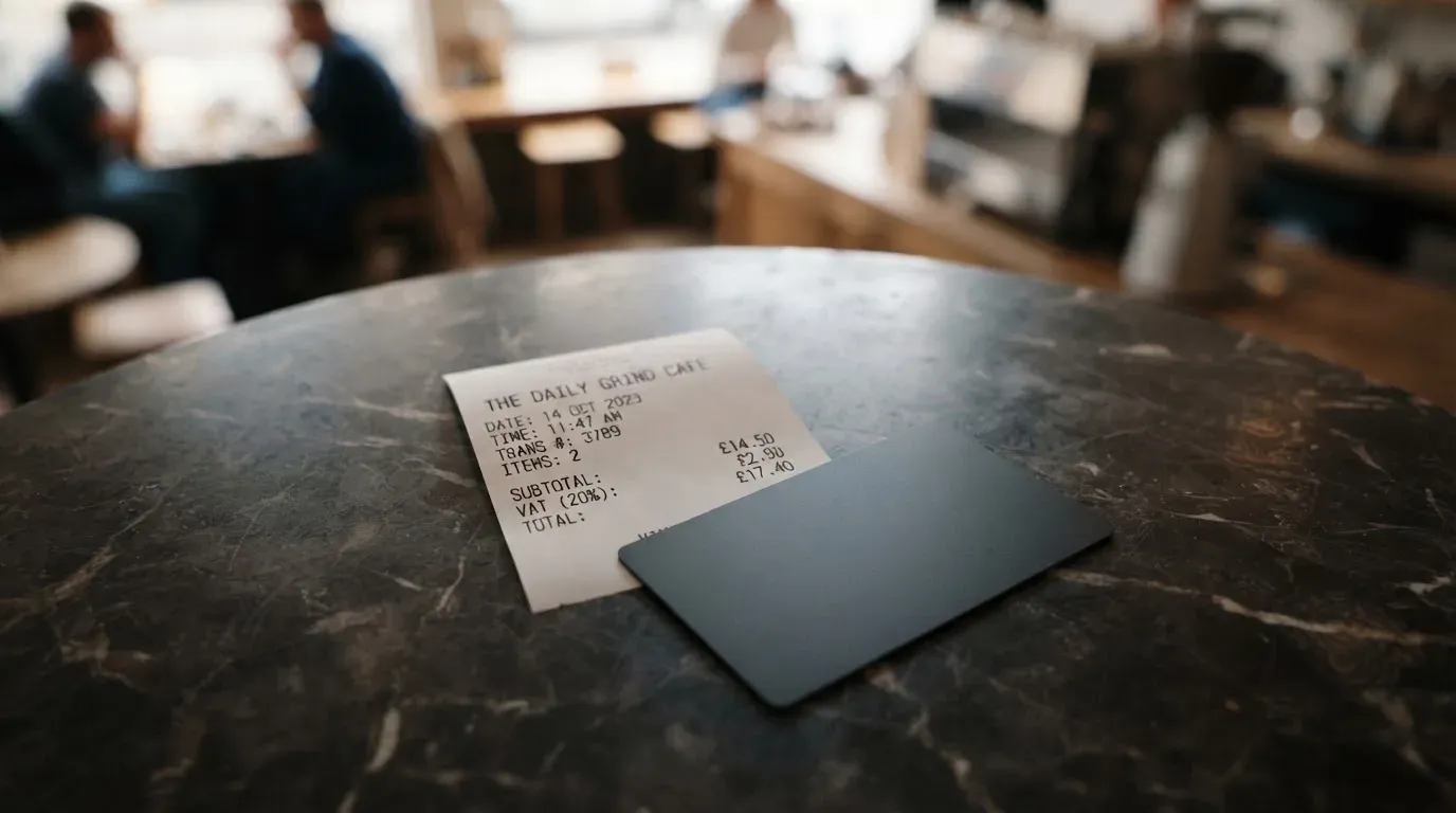 A receipt and a card on a café table