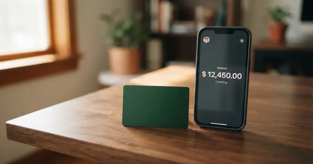 A payment card next to a phone with a crypto wallet app open