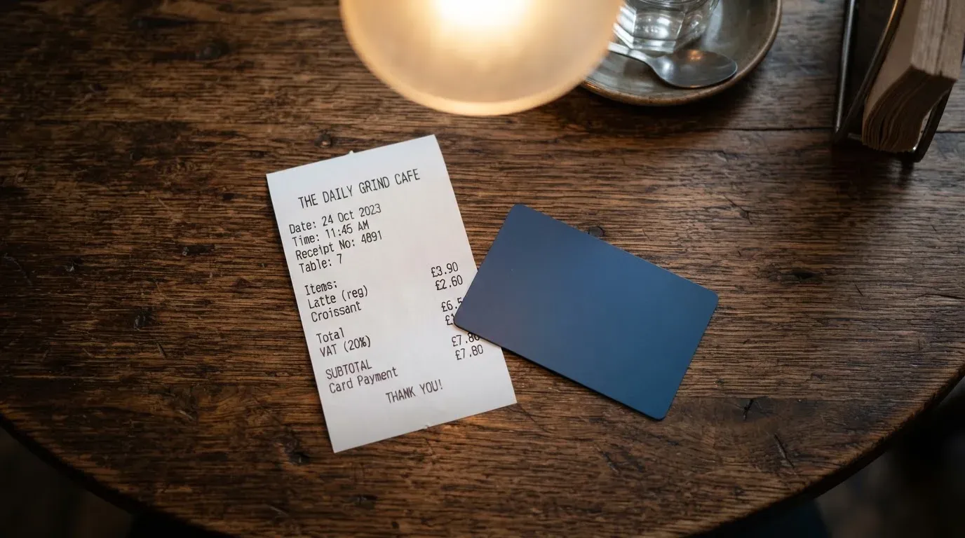A receipt and a card on a café table