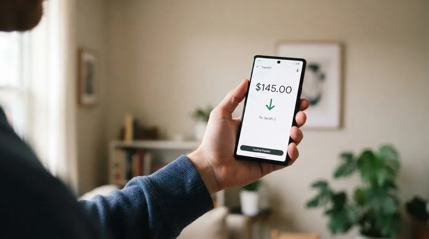 A phone showing a stablecoin transfer screen