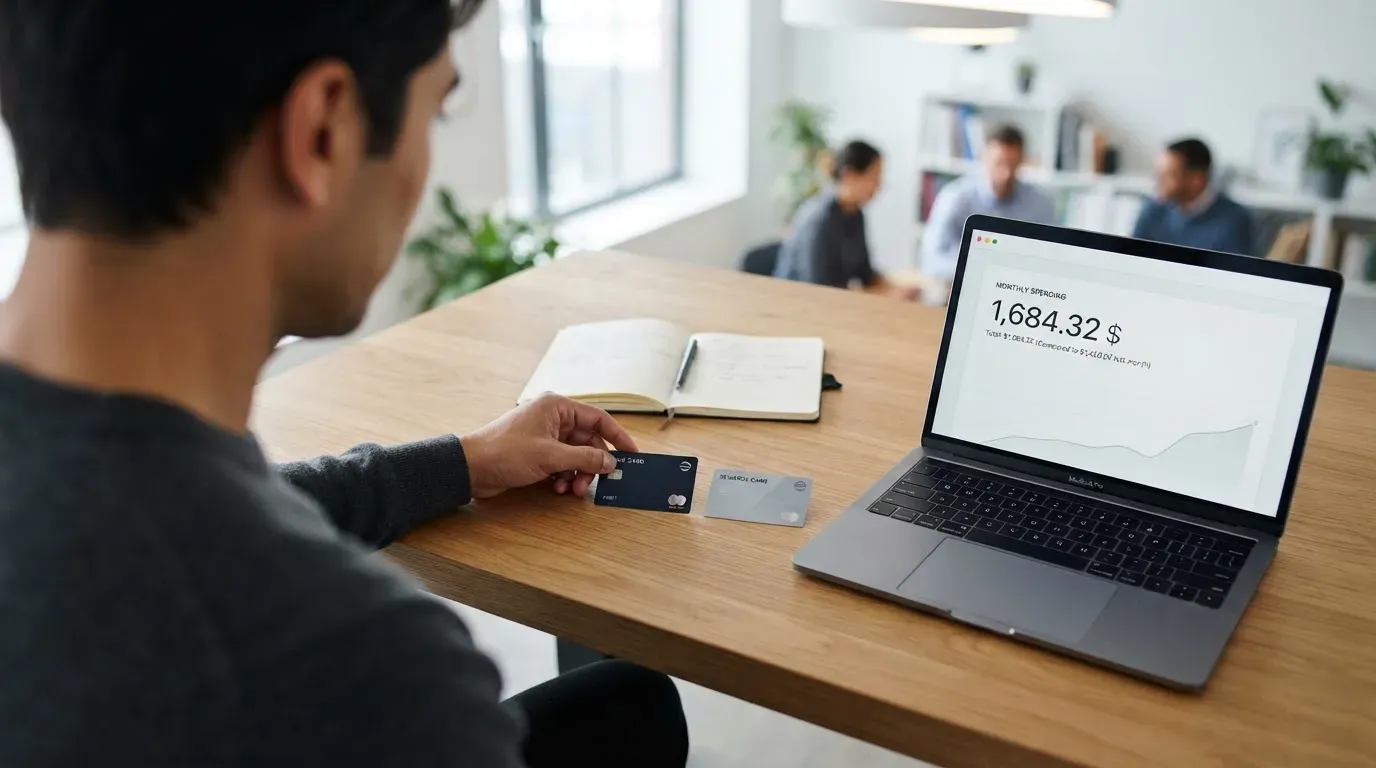 A person comparing two payment cards at a desk with a laptop