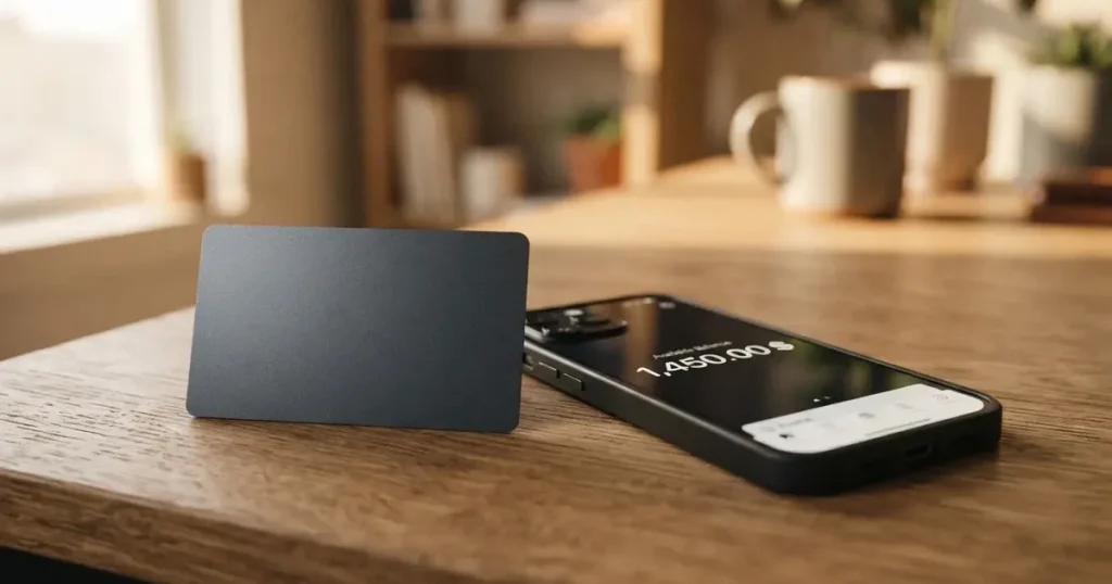 Several payment cards fanned out next to a phone with a crypto wallet app