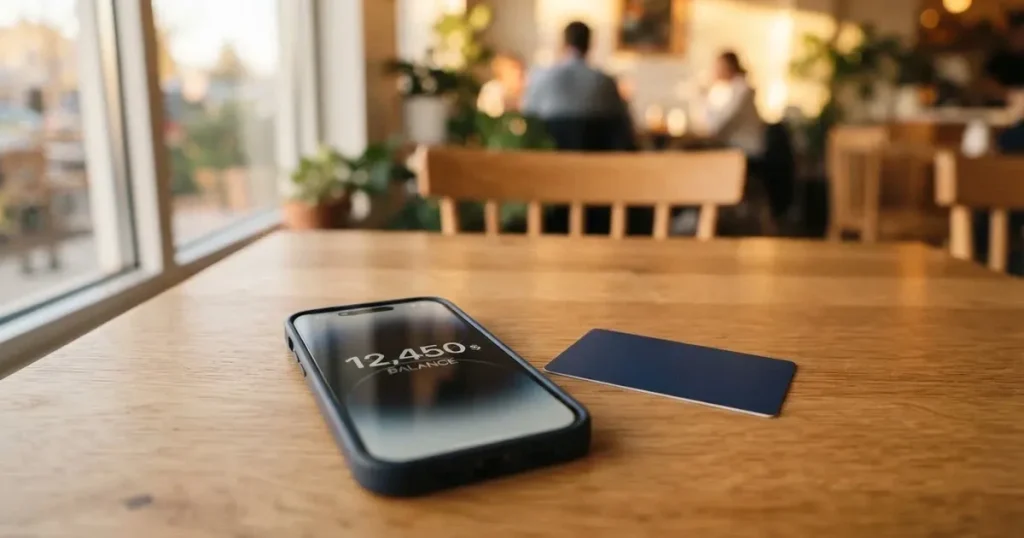 A payment card next to a phone with a crypto wallet app open