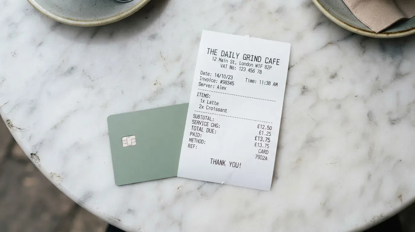 A receipt and a card on a café table