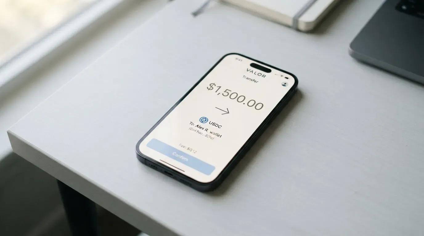 A phone showing a stablecoin transfer screen