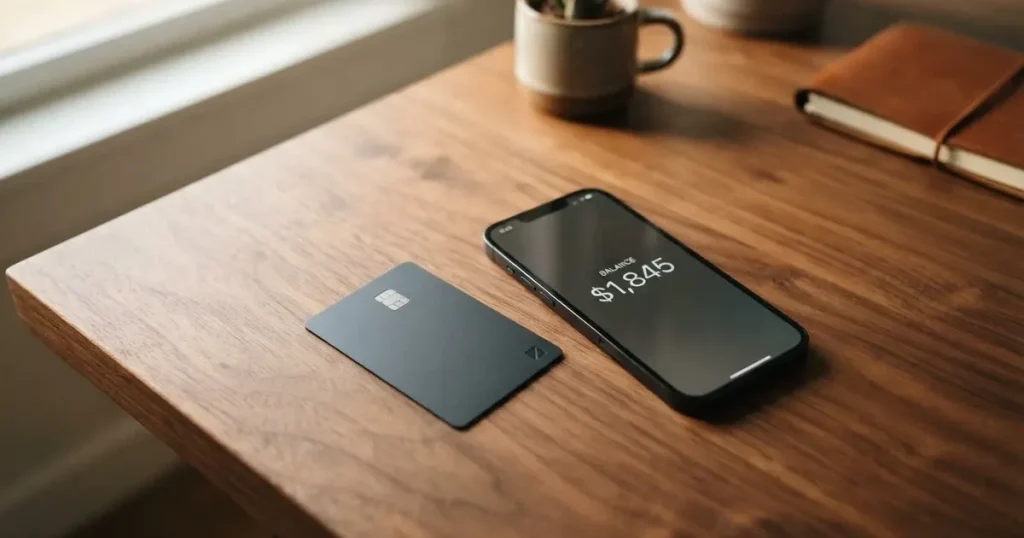 A payment card next to a phone with a crypto wallet app open