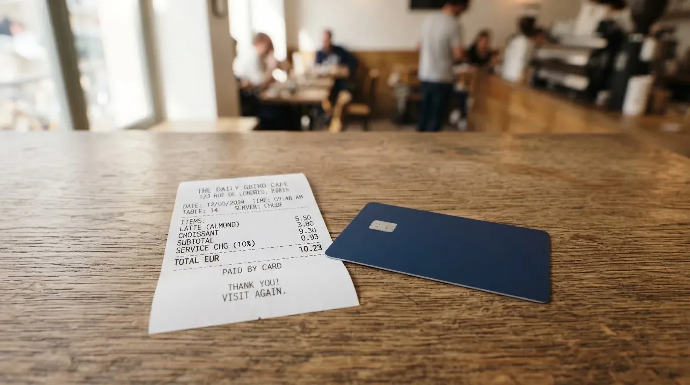 A receipt and a card on a café table