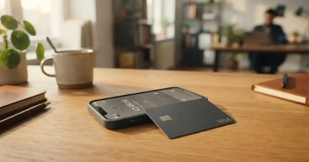 A payment card next to a phone with a crypto wallet app open