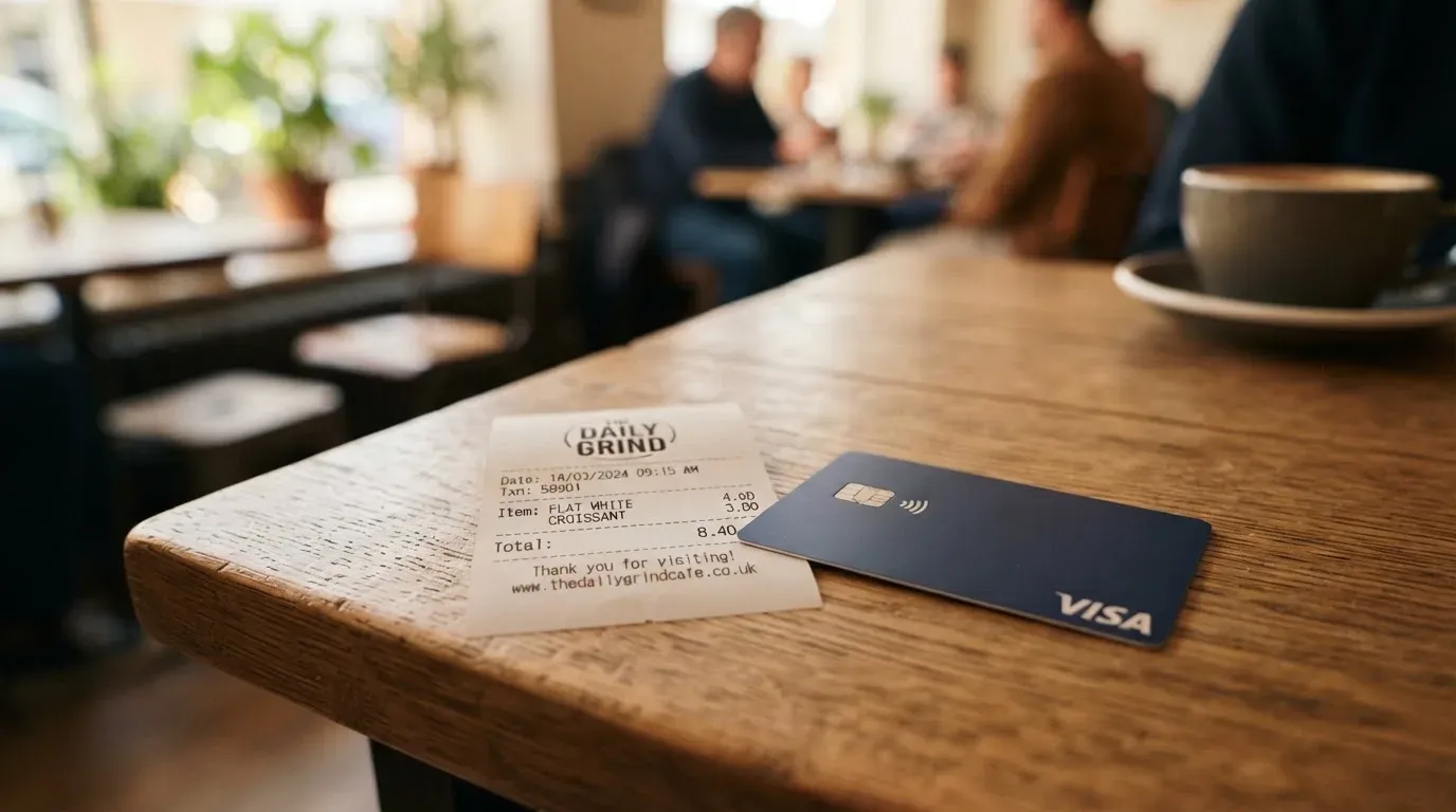 A receipt and a card on a café table