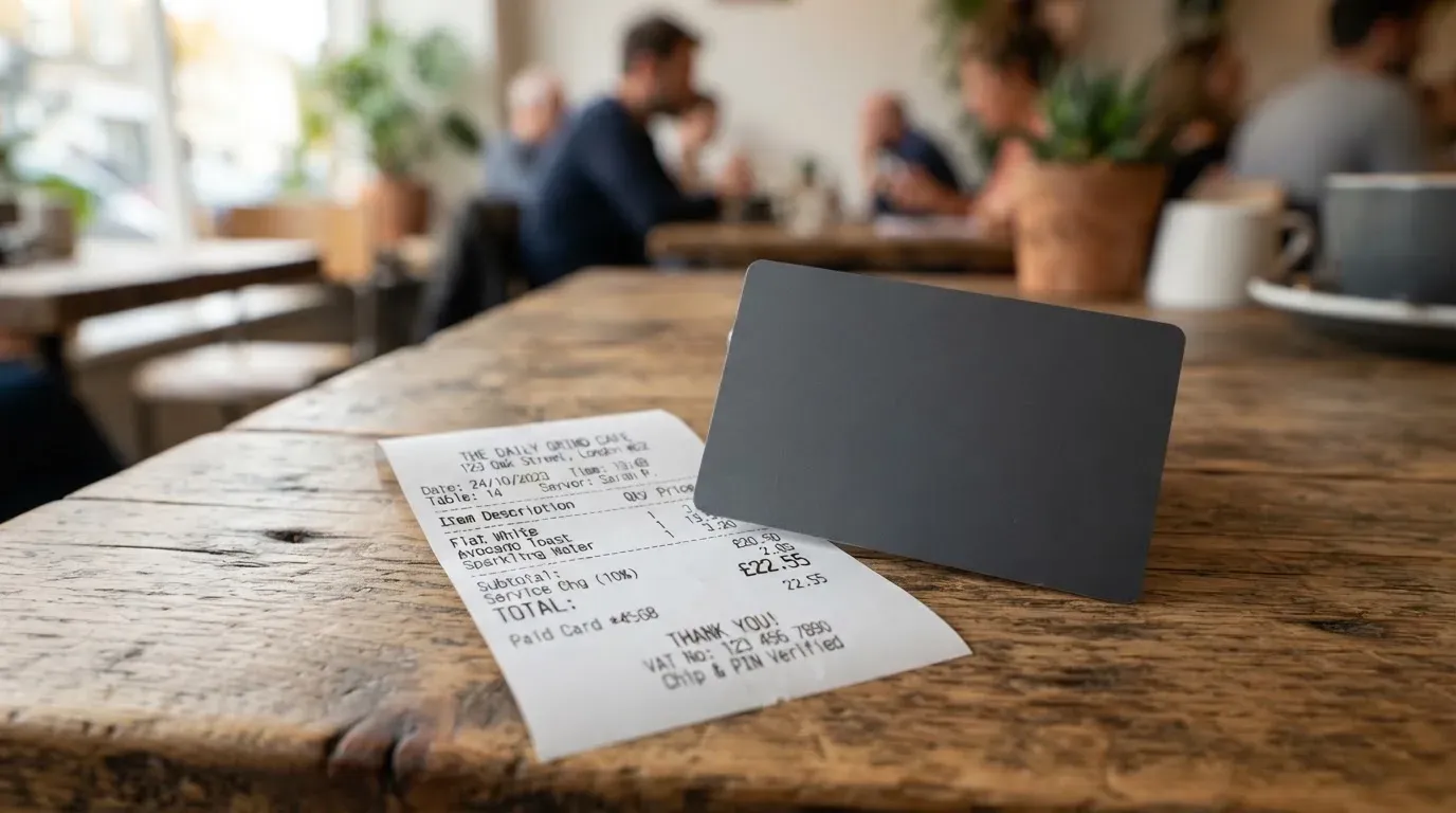 A receipt and a card on a café table