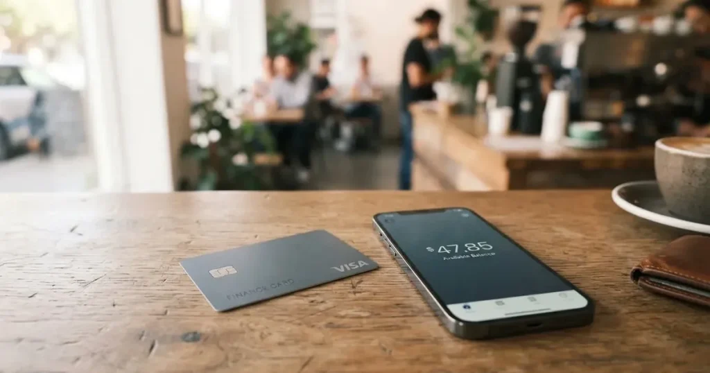 A payment card next to a phone with a crypto wallet app open