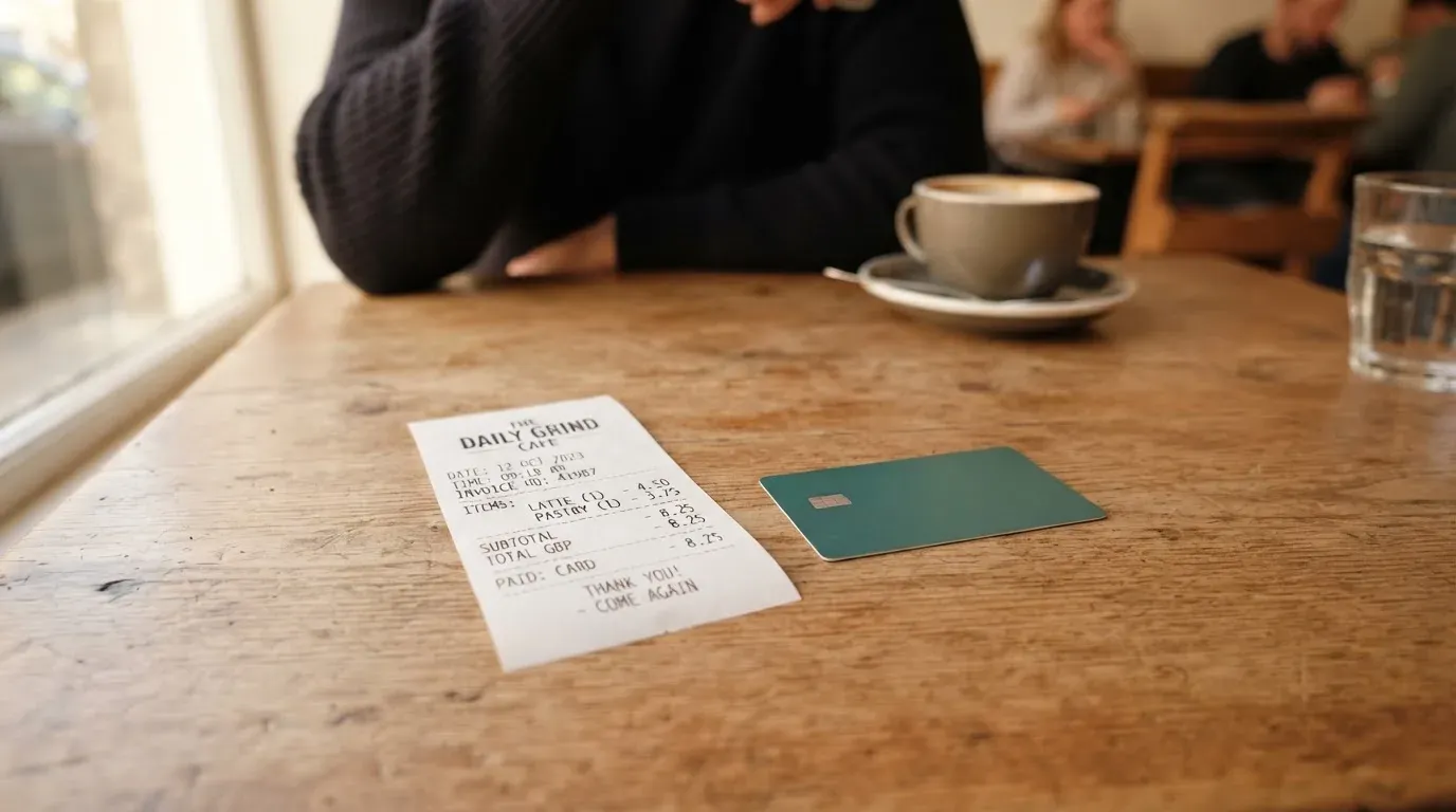 A receipt and a card on a café table