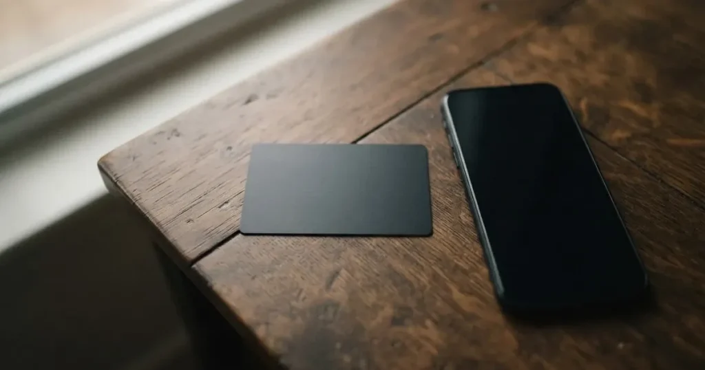 A payment card next to a phone with a crypto wallet app open