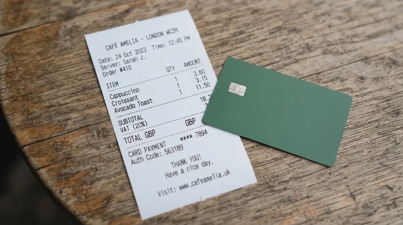 A receipt and a card on a café table