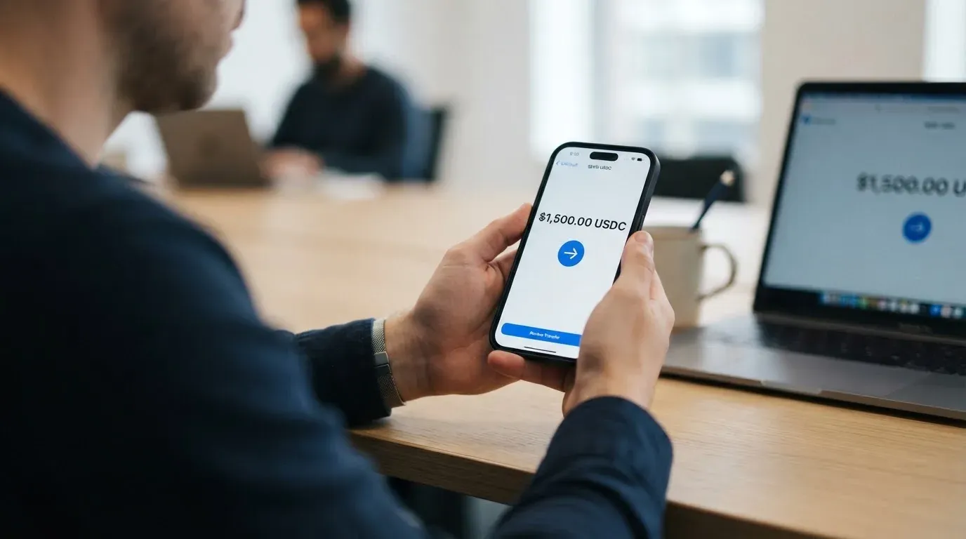 A phone showing a stablecoin transfer screen