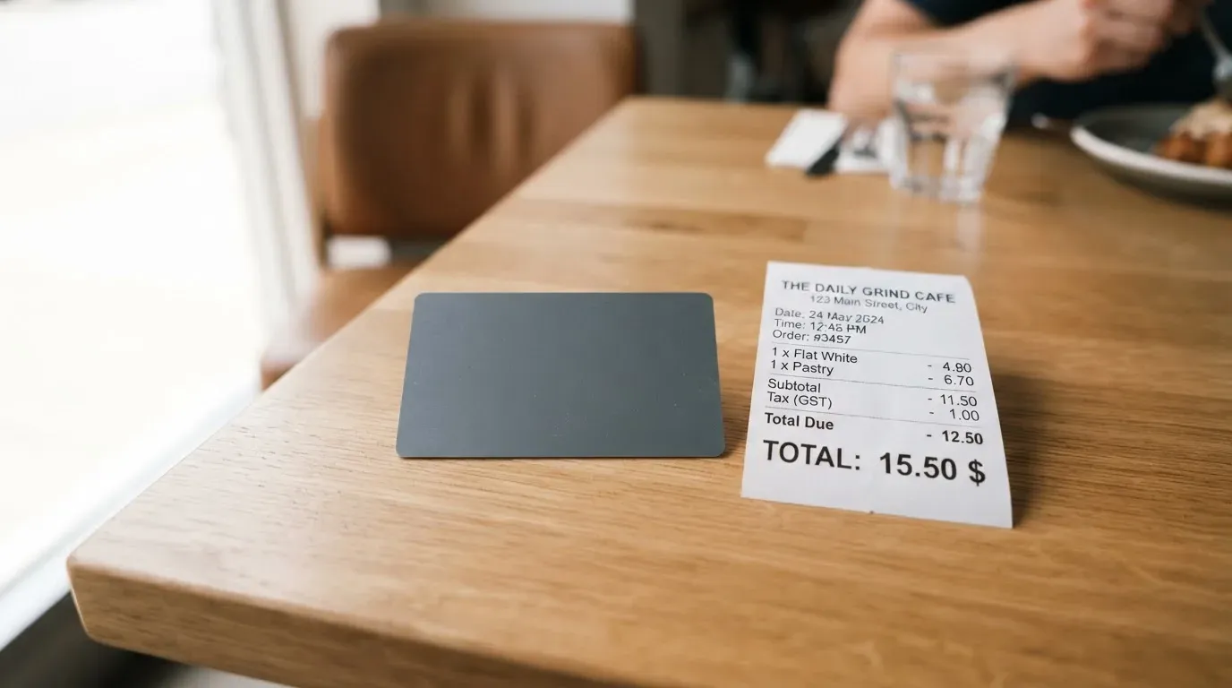 A receipt and a card on a café table