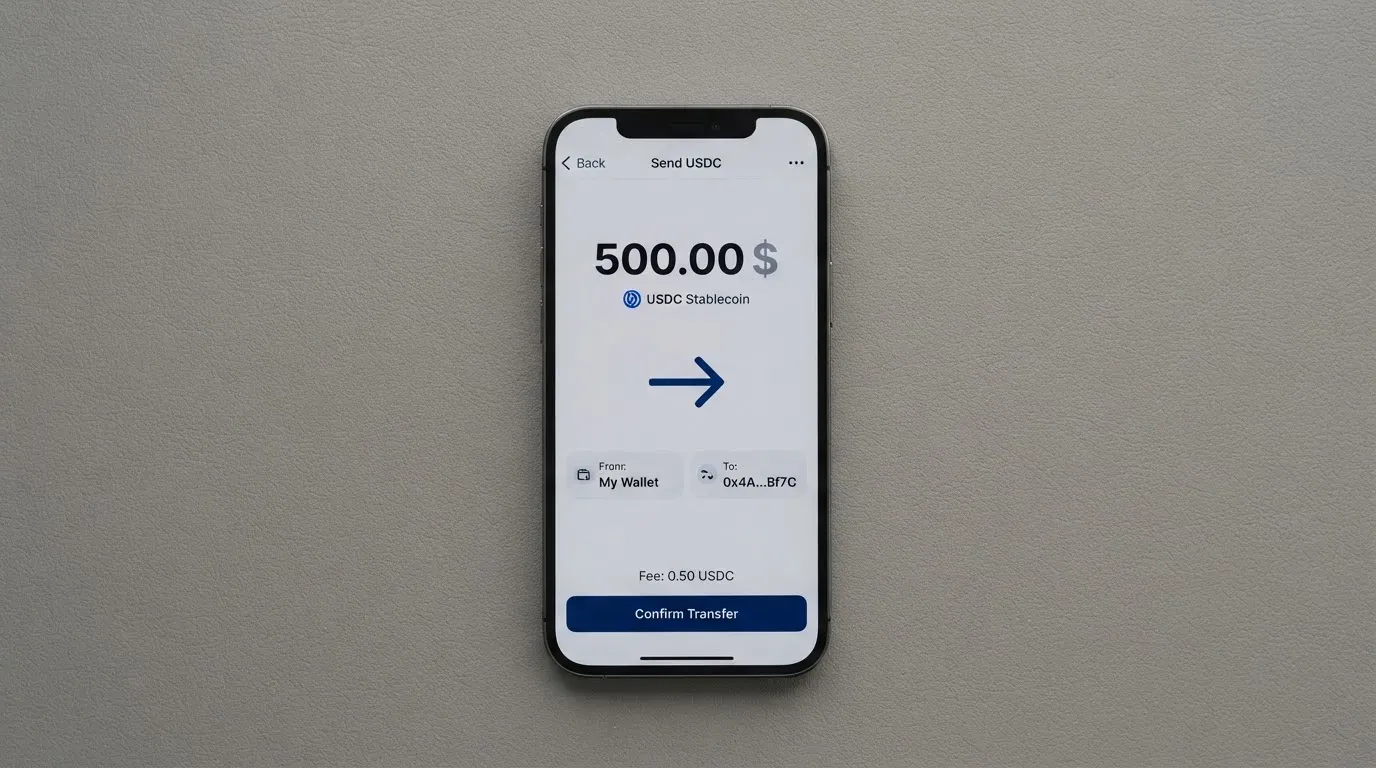 A phone showing a stablecoin transfer screen