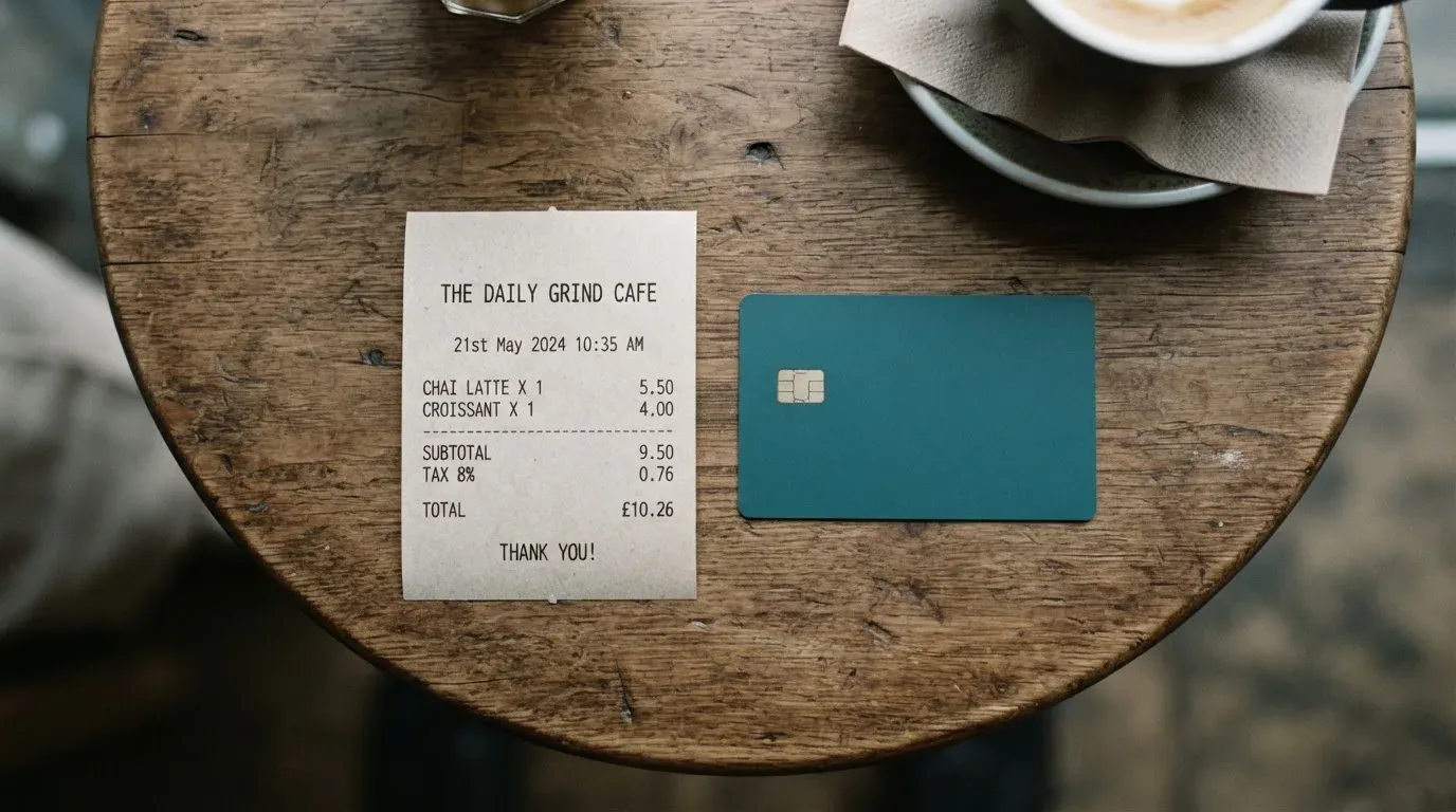 A receipt and a card on a café table