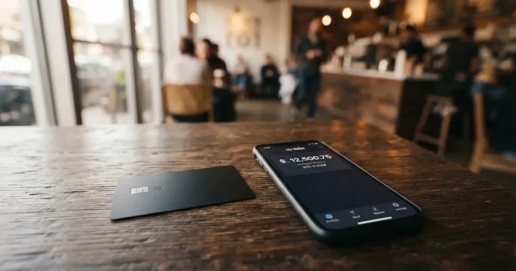 A payment card next to a phone with a crypto wallet app open