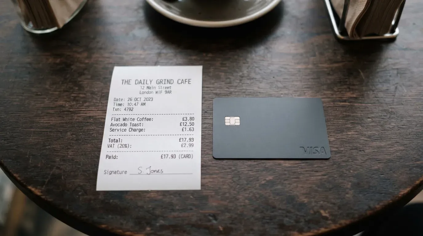 A receipt and a card on a café table