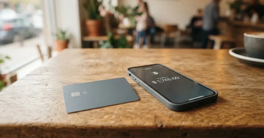 A payment card next to a phone with a crypto wallet app open
