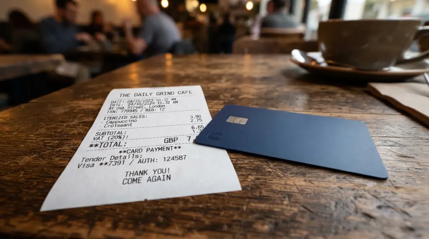 A receipt and a card on a café table