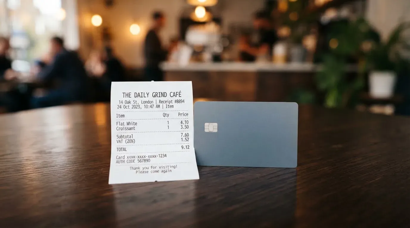 A receipt and a card on a café table