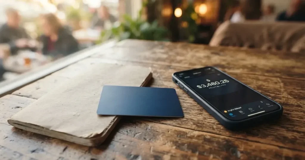 A payment card next to a phone with a crypto wallet app open