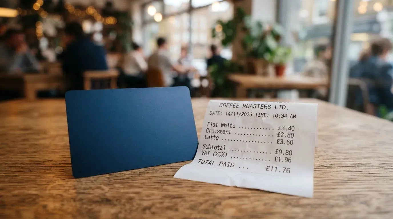 A receipt and a card on a café table